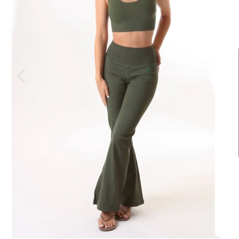 Green Apple Olive Flare Pants - Picture 3 of 11